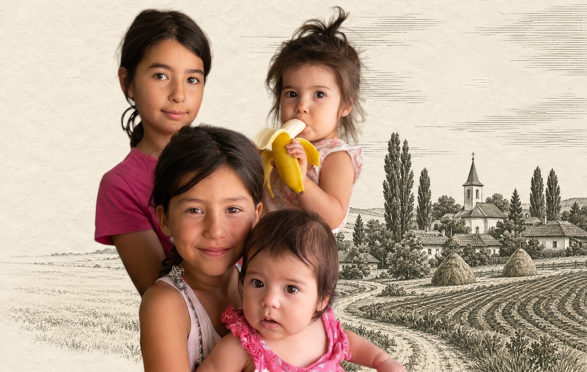 Four smiling children in front of an engraved illustration of a Romanian village