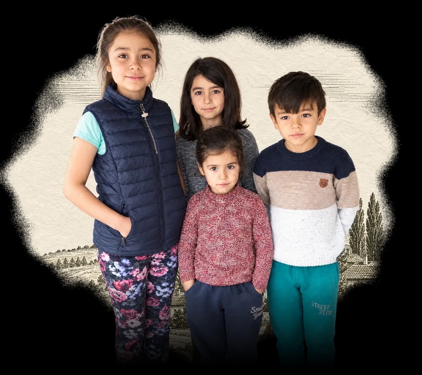 Four siblings standing together in front of an engraved illustration of the Romanian countryside